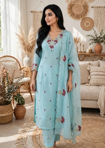 Revolutionary Sky Blue Pure Roman Silk Embroidered Kurta Pant Dupatta Set at Manufacturer  Embroidery Kurtis 