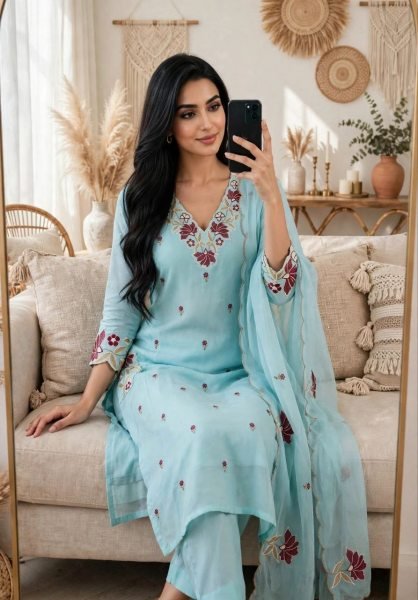 Revolutionary Sky Blue Pure Roman Silk Embroidered Kurta Pant Dupatta Set at Manufacturer  Embroidery Kurtis 