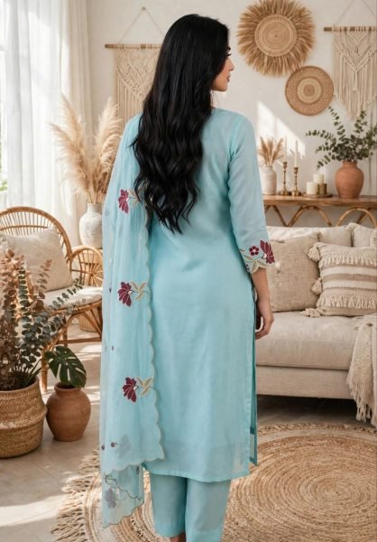 Revolutionary Sky Blue Pure Roman Silk Embroidered Kurta Pant Dupatta Set at Manufacturer  Embroidery Kurtis 