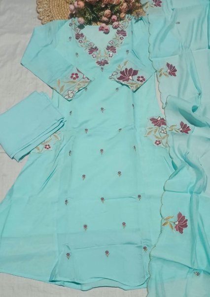 Revolutionary Sky Blue Pure Roman Silk Embroidered Kurta Pant Dupatta Set at Manufacturer  Embroidery Kurtis 
