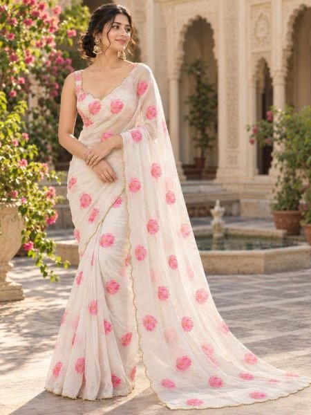 Revolutionary White Soft Tebby Silk Floral Printed Saree with Katdana Handwork at Party Wear Sarees 