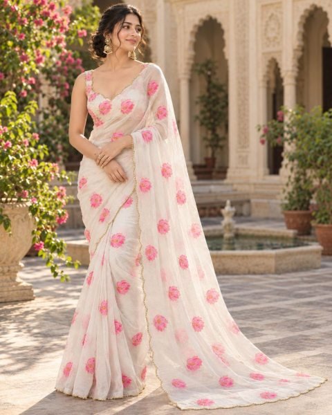 Revolutionary White Soft Tebby Silk Floral Printed Saree with Katdana Handwork at Party Wear Silk Sarees Wholesale