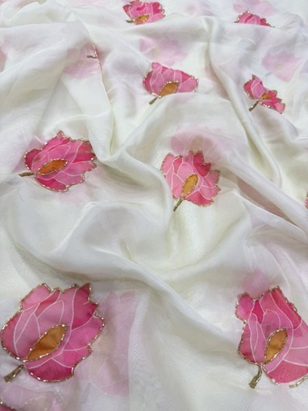 Revolutionary White Soft Tebby Silk Floral Printed Saree with Katdana Handwork at Party Wear Silk Sarees Wholesale