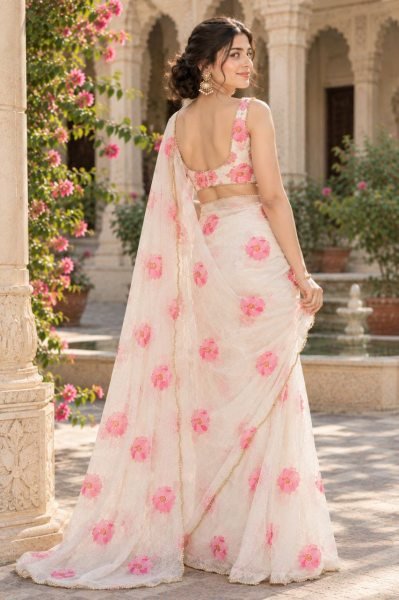 Revolutionary White Soft Tebby Silk Floral Printed Saree with Katdana Handwork at Party Wear Silk Sarees Wholesale