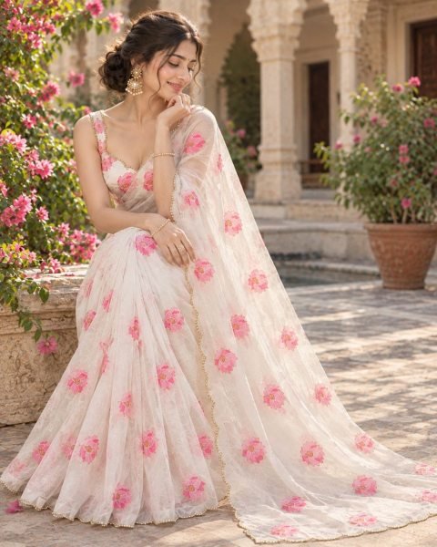 Revolutionary White Soft Tebby Silk Floral Printed Saree with Katdana Handwork at Party Wear Silk Sarees Wholesale