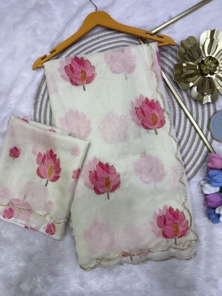 Revolutionary White Soft Tebby Silk Floral Printed Saree with Katdana Handwork at Party Wear Silk Sarees Wholesale