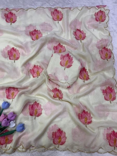 Revolutionary White Soft Tebby Silk Floral Printed Saree with Katdana Handwork at Party Wear Silk Sarees Wholesale