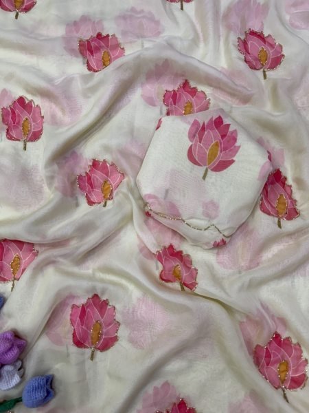 Revolutionary White Soft Tebby Silk Floral Printed Saree with Katdana Handwork at Party Wear Silk Sarees Wholesale