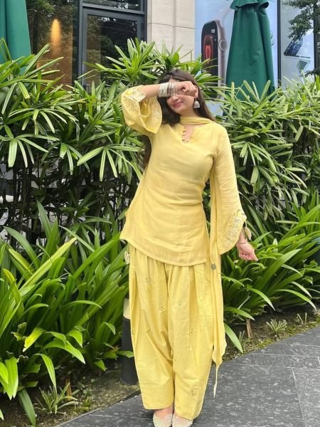 Revolutionary Yellow Mal Chanderi Cotton Farshi Salwar Set with Embroidery Work 