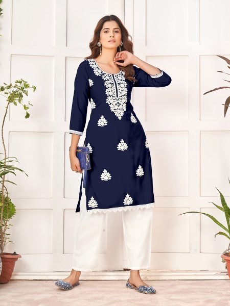 Reyon Chikankari Kurti with plazzo Collection in Wholesale rate  Lucknowi Chikankari Kurtis Wholesale