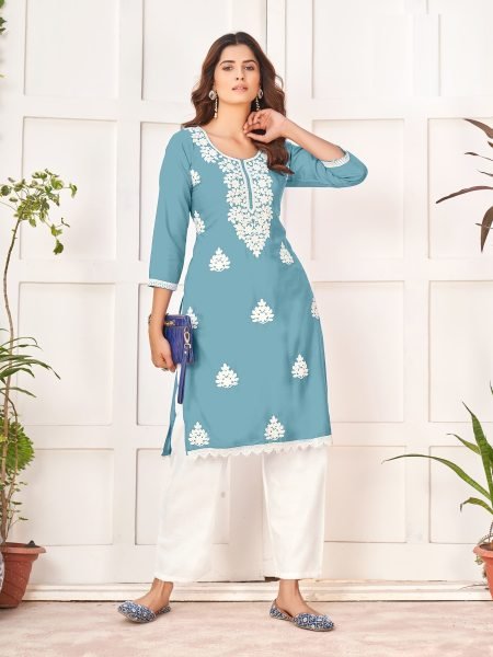 Reyon Chikankari Kurti with plazzo Collection in Wholesale rate  Lucknowi Chikankari Kurtis Wholesale