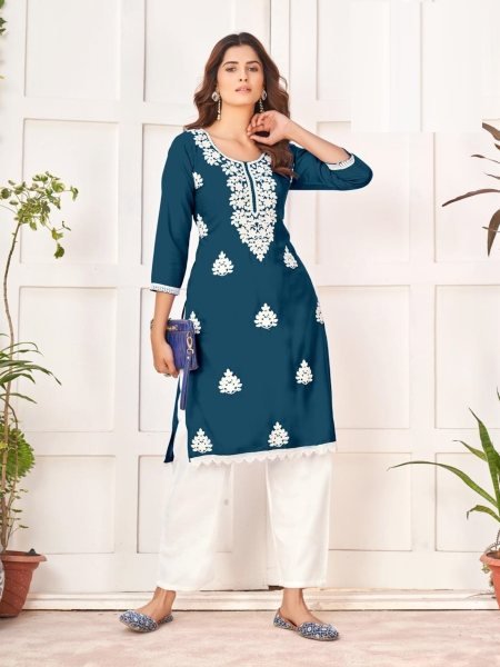 Reyon Chikankari Kurti with plazzo Collection in Wholesale rate  Lucknowi Chikankari Kurtis Wholesale
