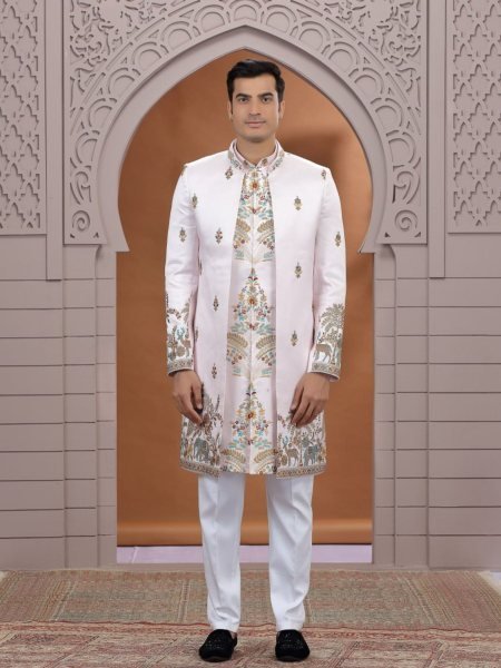 Rich Baby Pink Elegant Art Silk Kurta Pajama Set with Computer Thread Embroidery Work Mens Wear