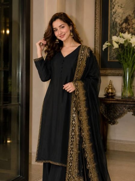 Rich Black Crafted Natural Crepe Silk Suit Collection Featuring Sequins, Zari and Moti Work Suit  Dupatta and Palazzo Pants 