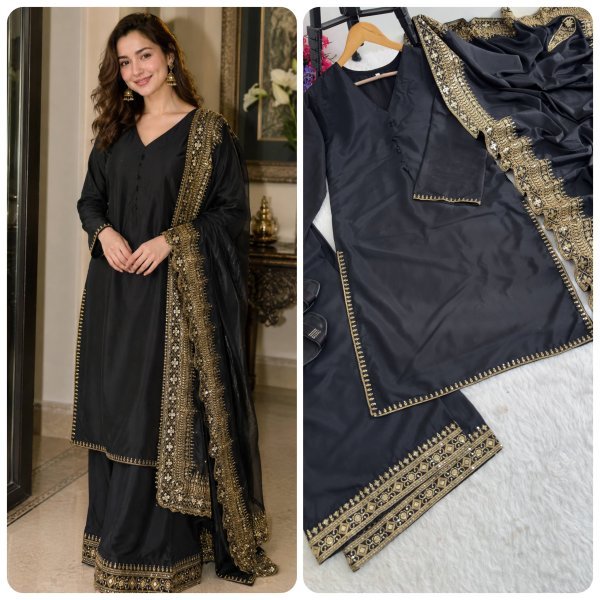 Rich Black Crafted Natural Crepe Silk Suit Collection Featuring Sequins, Zari and Moti Work Suit  Dupatta and Palazzo Pants Ready To Wear Collection