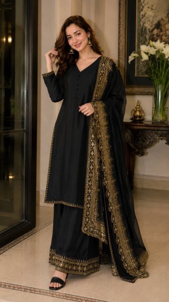 Rich Black Crafted Natural Crepe Silk Suit Collection Featuring Sequins, Zari and Moti Work Suit  Dupatta and Palazzo Pants Ready To Wear Collection
