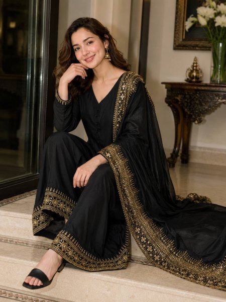 Rich Black Crafted Natural Crepe Silk Suit Collection Featuring Sequins, Zari and Moti Work Suit  Dupatta and Palazzo Pants Ready To Wear Collection