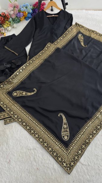 Rich Black Crafted Natural Crepe Silk Suit Collection Featuring Sequins, Zari and Moti Work Suit  Dupatta and Palazzo Pants Ready To Wear Collection