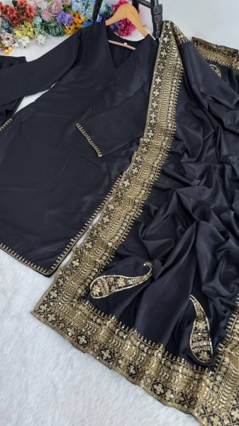 Rich Black Crafted Natural Crepe Silk Suit Collection Featuring Sequins, Zari and Moti Work Suit  Dupatta and Palazzo Pants Ready To Wear Collection