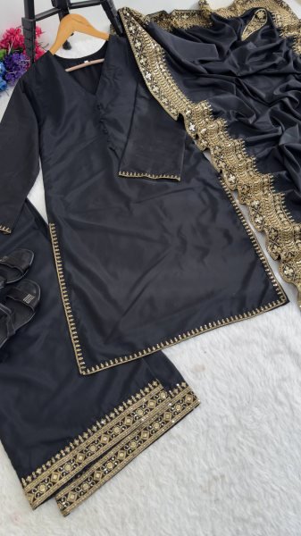 Rich Black Crafted Natural Crepe Silk Suit Collection Featuring Sequins, Zari and Moti Work Suit  Dupatta and Palazzo Pants Ready To Wear Collection