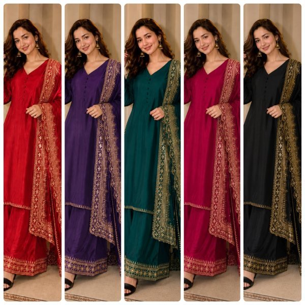 Rich Black Crafted Natural Crepe Silk Suit Collection Featuring Sequins, Zari and Moti Work Suit  Dupatta and Palazzo Pants Ready To Wear Collection