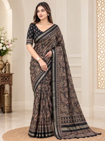 Rich Black Mul Cotton Ajrakh Printed Saree with Zari Jacquard Border Sarees 