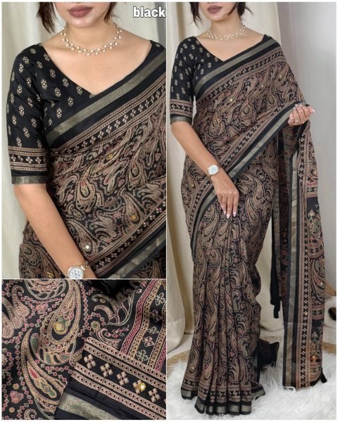 Rich Black Mul Cotton Ajrakh Printed Saree with Zari Jacquard Border Printed Cotton Sarees Wholesale