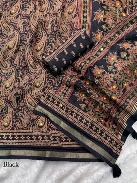 Rich Black Mul Cotton Ajrakh Printed Saree with Zari Jacquard Border Printed Cotton Sarees Wholesale