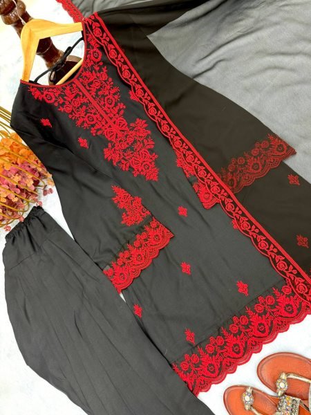 Hania Style Black Rayon Cotton Thread Work Farshi Salwar With Four Side Embroidery Lace Border Dupatta  Ready To Wear Collection