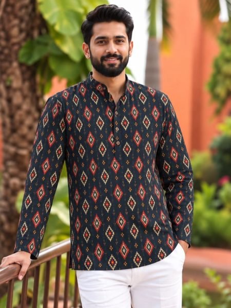 Rich Black Ready-to-Wear Men’s Full Sleeve Cotton Print Kurta for Bulk Order 