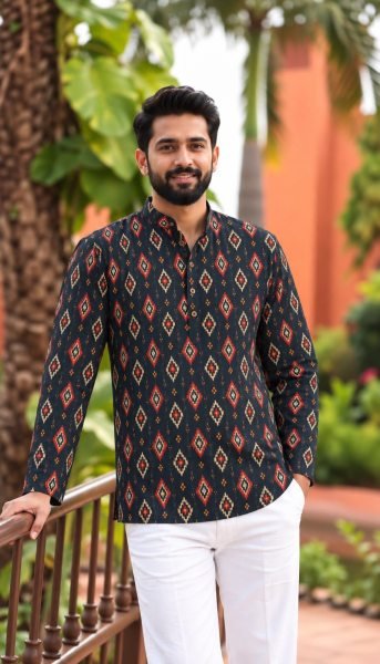 Rich Black Ready-to-Wear Men’s Full Sleeve Cotton Print Kurta for Bulk Order Mens Short Kurta