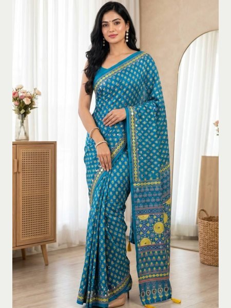 Rich Blue Ajrakh Print Semi Modal Silk Saree with Real Mirror Work for Festive Wear Sarees 