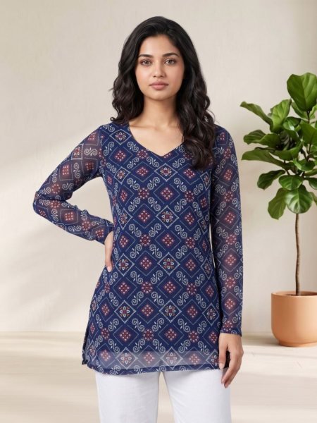 Rich Blue Soft Georgette Short Kurti with Digital Bandhani Print for Festive Look 