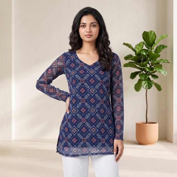 Rich Blue Soft Georgette Short Kurti with Digital Bandhani Print for Festive Look Full Set Kurti