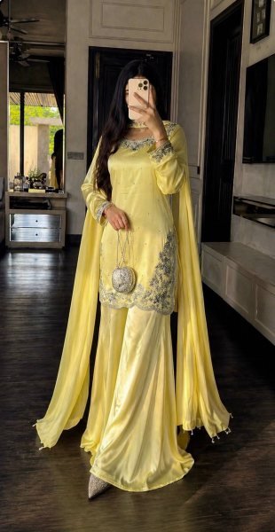 Rich Chic Pastel Yellow Devsena Silk Heavy Embroidered Sequence Work Top Plazzo Set with Organza Designer Dupatta  Ready To Wear Collection