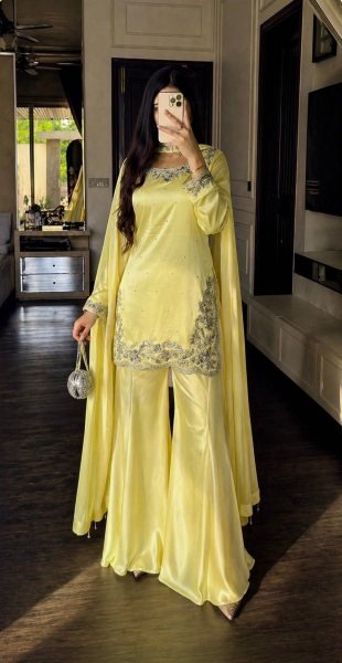 Rich Chic Pastel Yellow Devsena Silk Heavy Embroidered Sequence Work Top Plazzo Set with Organza Designer Dupatta  Ready To Wear Collection