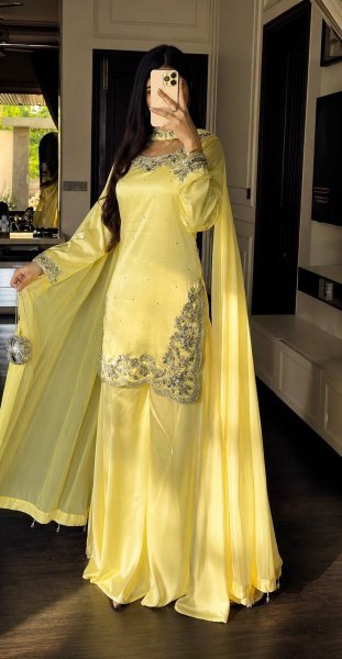 Rich Chic Pastel Yellow Devsena Silk Heavy Embroidered Sequence Work Top Plazzo Set with Organza Designer Dupatta  Ready To Wear Collection
