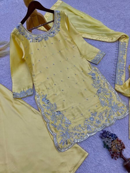 Rich Chic Pastel Yellow Devsena Silk Heavy Embroidered Sequence Work Top Plazzo Set with Organza Designer Dupatta  Ready To Wear Collection