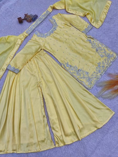 Rich Chic Pastel Yellow Devsena Silk Heavy Embroidered Sequence Work Top Plazzo Set with Organza Designer Dupatta  Ready To Wear Collection