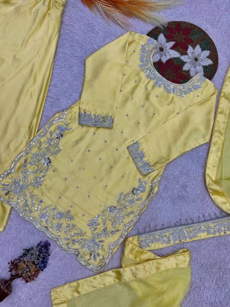 Rich Chic Pastel Yellow Devsena Silk Heavy Embroidered Sequence Work Top Plazzo Set with Organza Designer Dupatta  Ready To Wear Collection