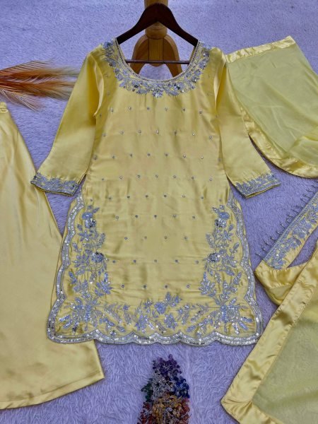 Rich Chic Pastel Yellow Devsena Silk Heavy Embroidered Sequence Work Top Plazzo Set with Organza Designer Dupatta  Ready To Wear Collection