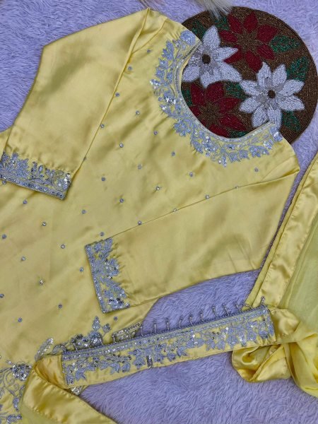 Rich Chic Pastel Yellow Devsena Silk Heavy Embroidered Sequence Work Top Plazzo Set with Organza Designer Dupatta  Ready To Wear Collection