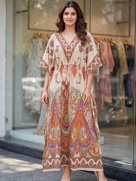 Rich Cream Boutique Style Printed Long Kaftan with Adjustable Center Belt Kaftan 