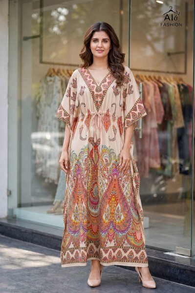 Rich Cream Boutique Style Printed Long Kaftan with Adjustable Center Belt Kaftan 