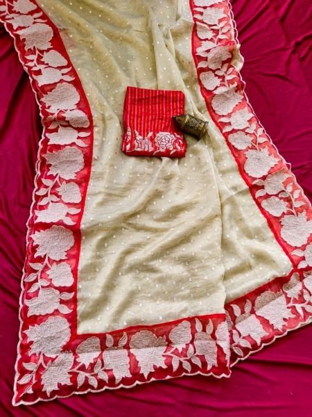 Rich Cream Red Designer Zari Tissue Saree with Beautiful All Over Butti and Woven Blouse Sarees 