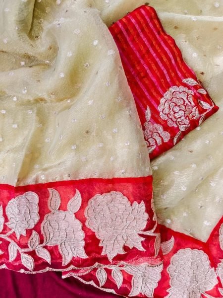 Rich Cream Red Designer Zari Tissue Saree with Beautiful All Over Butti and Woven Blouse Silk Sarees Wholesale