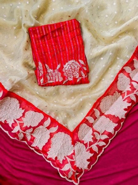 Rich Cream Red Designer Zari Tissue Saree with Beautiful All Over Butti and Woven Blouse Silk Sarees Wholesale