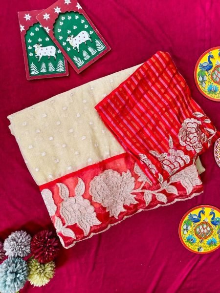 Rich Cream Red Designer Zari Tissue Saree with Beautiful All Over Butti and Woven Blouse Silk Sarees Wholesale