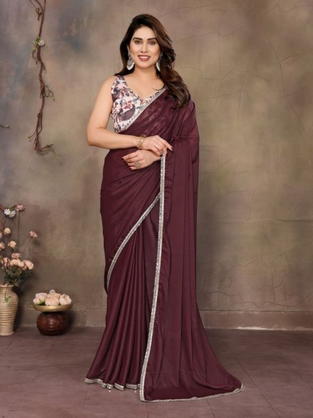 Rich Dark Brown Mirror Work Georgette Saree Premium Partywear Collection Sarees 
