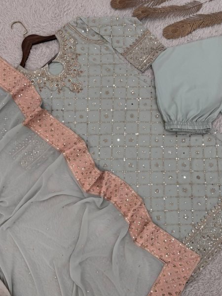 Rich Faux Georgette Embroidered Mirror Work Suit with Pant and Dupatta for Ethnic Wear  Ready To Wear Collection